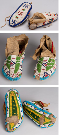 Collage of Cheyenne child's moccasins and Lakota moccasins